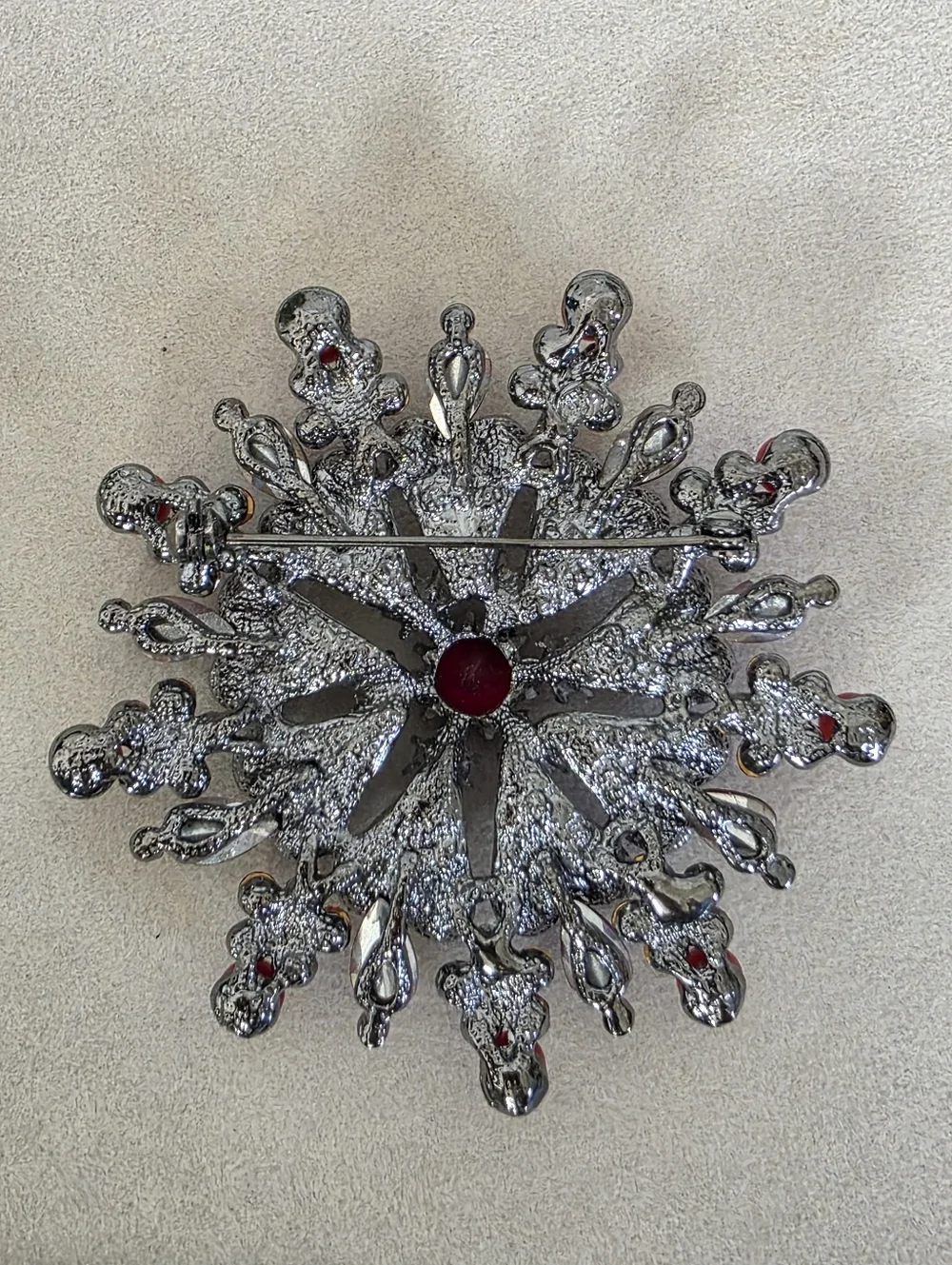 Silver Gunmetal with AB Red Rhinestone Flower Sunburst Brooch Pin